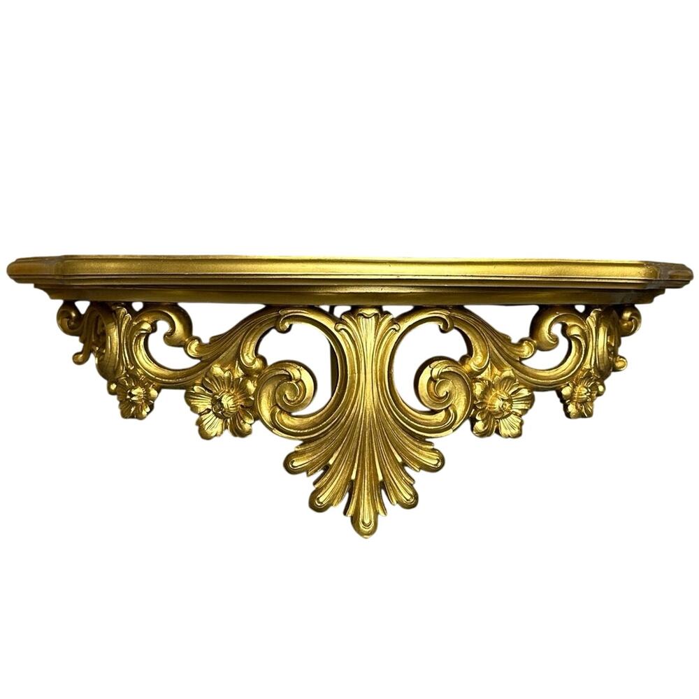 Vintage ornate gold wall shelf 19” French Provincial Hollywood Regency resin